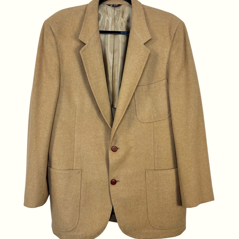 Vintage Bill Blass Camel Hair Two Button Blazer Sportcoat Tan Crest Buttons 42R